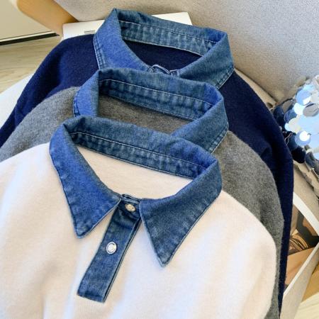 FA49205# 假两件设计感小众加厚牛仔领polo撞色毛衣女针织衫宽松上衣 服裝批發女裝批發服飾貨源