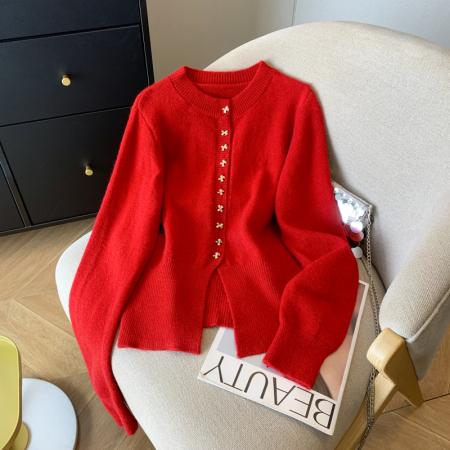 FA49206# 设计高级感泡泡袖针织衫女秋冬别致洋气开衫毛衣外套上衣 服裝批發女裝批發服飾貨源