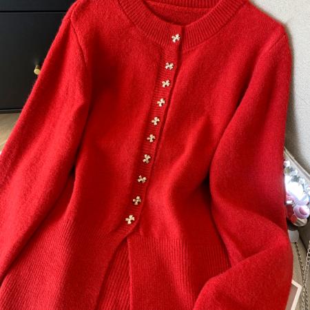 FA49206# 设计高级感泡泡袖针织衫女秋冬别致洋气开衫毛衣外套上衣 服裝批發女裝批發服飾貨源