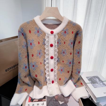 FA49211# 秋冬新款小香风高级感蕾丝仿绒毛衣外套女宽松针织开衫上衣 服裝批發女裝批發服飾貨源