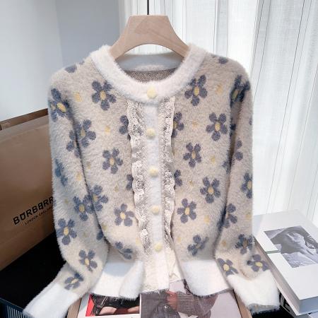 FA49211# 秋冬新款小香风高级感蕾丝仿绒毛衣外套女宽松针织开衫上衣 服裝批發女裝批發服飾貨源