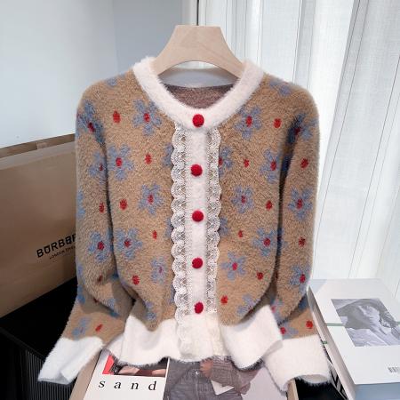 FA49211# 秋冬新款小香风高级感蕾丝仿绒毛衣外套女宽松针织开衫上衣 服裝批發女裝批發服飾貨源