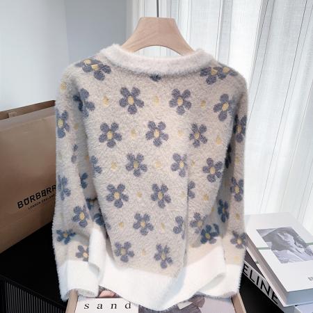 FA49211# 秋冬新款小香风高级感蕾丝仿绒毛衣外套女宽松针织开衫上衣 服裝批發女裝批發服飾貨源