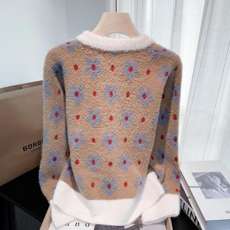 FA49211# 秋冬新款小香风高级感蕾丝仿绒毛衣外套女宽松针织开衫上衣 服裝批發女裝批發服飾貨源