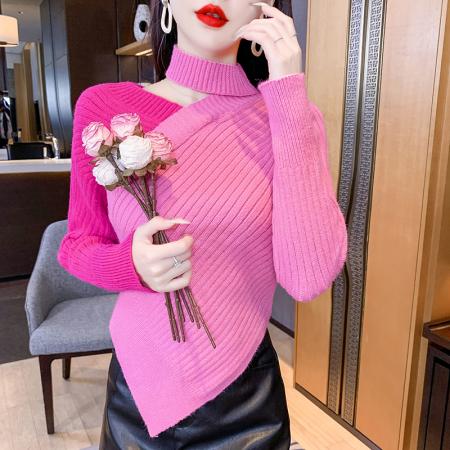 FA49212# 长袖拼色女装上衣不规则毛衣洋气秋冬装超火新款 服裝批發女裝批發服飾貨源