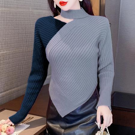 FA49212# 长袖拼色女装上衣不规则毛衣洋气秋冬装超火新款 服裝批發女裝批發服飾貨源
