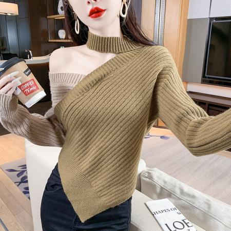 FA49212# 长袖拼色女装上衣不规则毛衣洋气秋冬装超火新款 服裝批發女裝批發服飾貨源