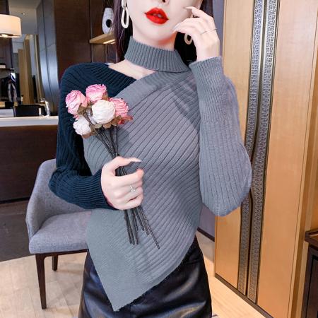 FA49212# 长袖拼色女装上衣不规则毛衣洋气秋冬装超火新款 服裝批發女裝批發服飾貨源