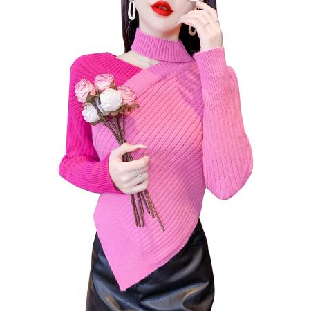 FA49212# 长袖拼色女装上衣不规则毛衣洋气秋冬装超火新款 服裝批發女裝批發服飾貨源