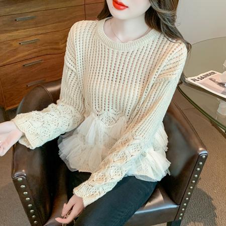 FA49217# 秋冬新款镂空针织衫女法式网纱拼接荷叶边温柔慵懒风长袖 服裝批發女裝批發服飾貨源