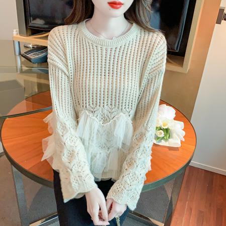 FA49217# 秋冬新款镂空针织衫女法式网纱拼接荷叶边温柔慵懒风长袖 服裝批發女裝批發服飾貨源
