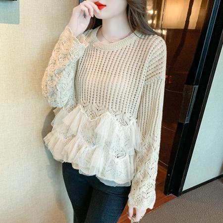 FA49217# 秋冬新款镂空针织衫女法式网纱拼接荷叶边温柔慵懒风长袖 服裝批發女裝批發服飾貨源
