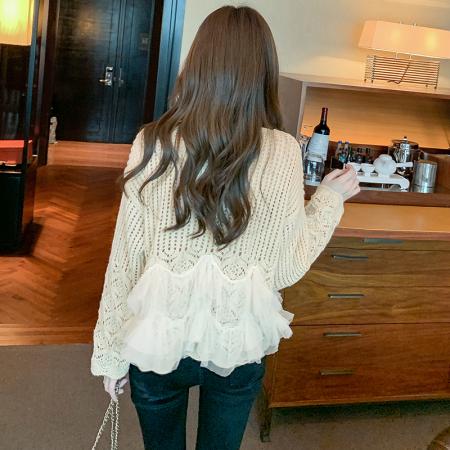 FA49217# 秋冬新款镂空针织衫女法式网纱拼接荷叶边温柔慵懒风长袖 服裝批發女裝批發服飾貨源