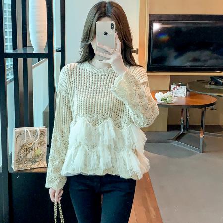 FA49217# 秋冬新款镂空针织衫女法式网纱拼接荷叶边温柔慵懒风长袖 服裝批發女裝批發服飾貨源