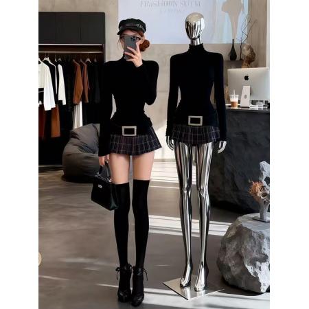 FA49219# 今年流行漂亮设计感小众上衣别致独特巨好看黑色掐腰打底衫T恤秋 服裝批發女裝批發服飾貨源