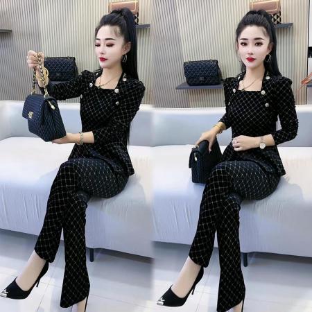 FA49220# 时尚小香风套装女秋季新款气质显瘦方口领上衣裤子两件套 服裝批發女裝批發服飾貨源