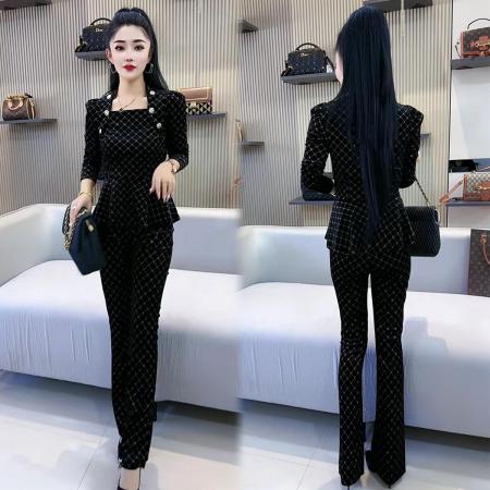 FA49220# 时尚小香风套装女秋季新款气质显瘦方口领上衣裤子两件套 服裝批發女裝批發服飾貨源