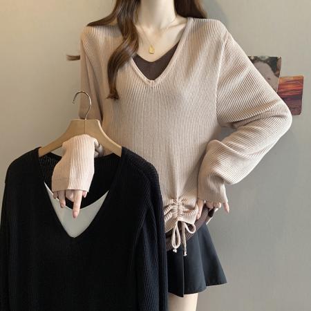 FA49221# 秋冬新款V领假两件长袖针织衫上衣大码女装微胖mm宽松毛衣 服裝批發女裝批發服飾貨源