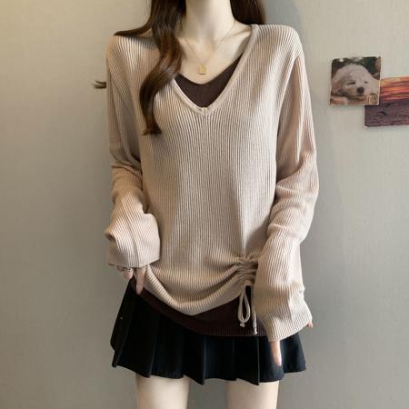 FA49221# 秋冬新款V领假两件长袖针织衫上衣大码女装微胖mm宽松毛衣 服裝批發女裝批發服飾貨源