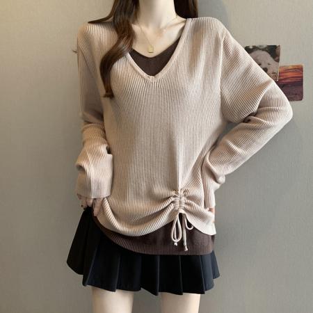 FA49221# 秋冬新款V领假两件长袖针织衫上衣大码女装微胖mm宽松毛衣 服裝批發女裝批發服飾貨源