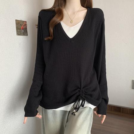 FA49221# 秋冬新款V领假两件长袖针织衫上衣大码女装微胖mm宽松毛衣 服裝批發女裝批發服飾貨源