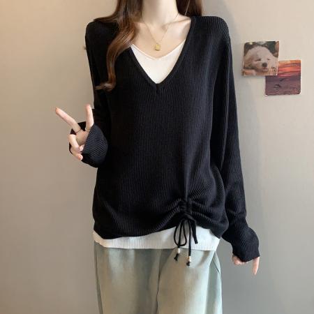 FA49221# 秋冬新款V领假两件长袖针织衫上衣大码女装微胖mm宽松毛衣 服裝批發女裝批發服飾貨源