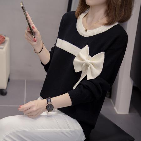 FA49222# 拼色蝴蝶结长袖针织衫上衣大码女装微胖mm宽松内搭设计感毛衣 服裝批發女裝批發服飾貨源