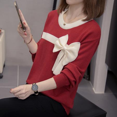 FA49222# 拼色蝴蝶结长袖针织衫上衣大码女装微胖mm宽松内搭设计感毛衣 服裝批發女裝批發服飾貨源