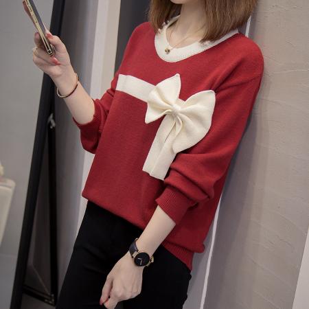FA49222# 拼色蝴蝶结长袖针织衫上衣大码女装微胖mm宽松内搭设计感毛衣 服裝批發女裝批發服飾貨源