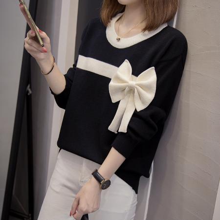 FA49222# 拼色蝴蝶结长袖针织衫上衣大码女装微胖mm宽松内搭设计感毛衣 服裝批發女裝批發服飾貨源