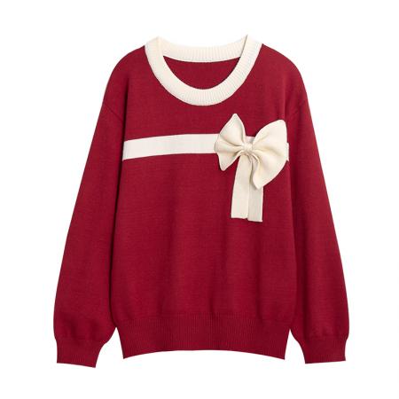 FA49222# 拼色蝴蝶结长袖针织衫上衣大码女装微胖mm宽松内搭设计感毛衣 服裝批發女裝批發服飾貨源