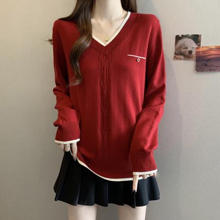 FA49223# 秋冬新款V领正肩长袖针织衫上衣大码女装微胖mm宽松毛衣 服裝批發女裝批發服飾貨源