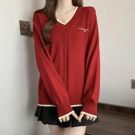 FA49223# 秋冬新款V领正肩长袖针织衫上衣大码女装微胖mm宽松毛衣 服裝批發女裝批發服飾貨源