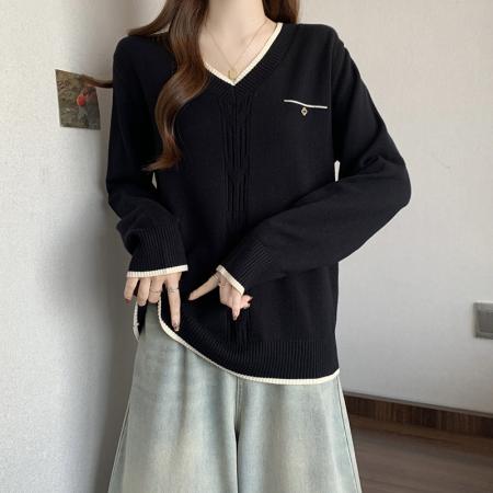 FA49223# 秋冬新款V领正肩长袖针织衫上衣大码女装微胖mm宽松毛衣 服裝批發女裝批發服飾貨源