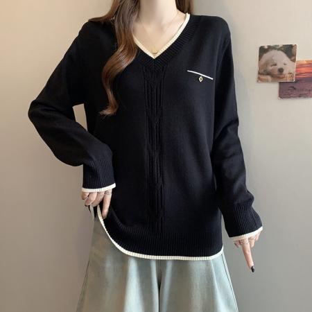 FA49223# 秋冬新款V领正肩长袖针织衫上衣大码女装微胖mm宽松毛衣 服裝批發女裝批發服飾貨源
