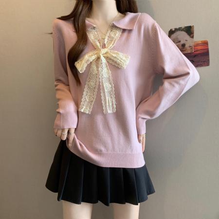 FA49224# 蕾丝拼接娃娃领长袖针织衫秋冬大码女装微胖mm宽松内搭毛衣 服裝批發女裝批發服飾貨源