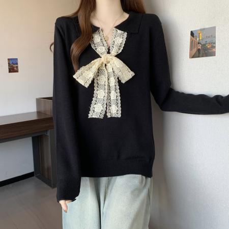 FA49224# 蕾丝拼接娃娃领长袖针织衫秋冬大码女装微胖mm宽松内搭毛衣 服裝批發女裝批發服飾貨源