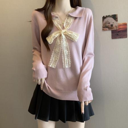 FA49224# 蕾丝拼接娃娃领长袖针织衫秋冬大码女装微胖mm宽松内搭毛衣 服裝批發女裝批發服飾貨源