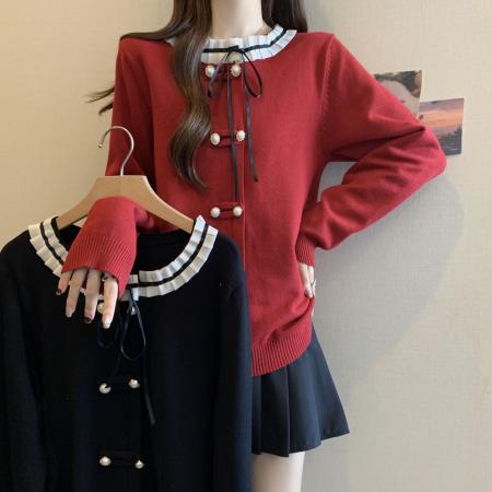 FA49226# 设计感盘扣花边领口绑带长袖针织衫上衣大码女装微胖mm内搭毛衣 服裝批發女裝批發服飾貨源
