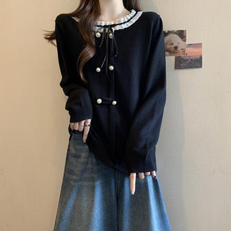 FA49226# 设计感盘扣花边领口绑带长袖针织衫上衣大码女装微胖mm内搭毛衣 服裝批發女裝批發服飾貨源