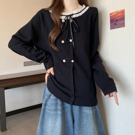 FA49226# 设计感盘扣花边领口绑带长袖针织衫上衣大码女装微胖mm内搭毛衣 服裝批發女裝批發服飾貨源