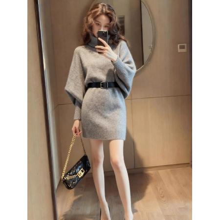 FA49227# 出席重要场合的裙子轻熟法式高级感气质收腰灰色高领毛衣连衣裙秋 服裝批發女裝批發服飾貨源