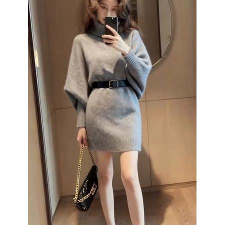 FA49227# 出席重要场合的裙子轻熟法式高级感气质收腰灰色高领毛衣连衣裙秋 服裝批發女裝批發服飾貨源