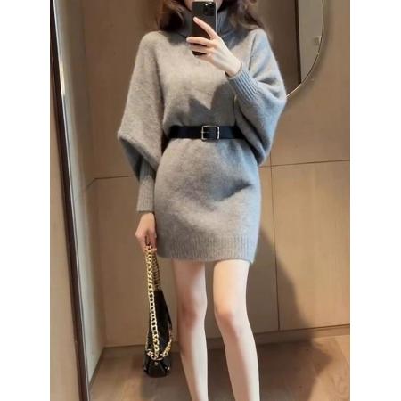 FA49227# 出席重要场合的裙子轻熟法式高级感气质收腰灰色高领毛衣连衣裙秋 服裝批發女裝批發服飾貨源