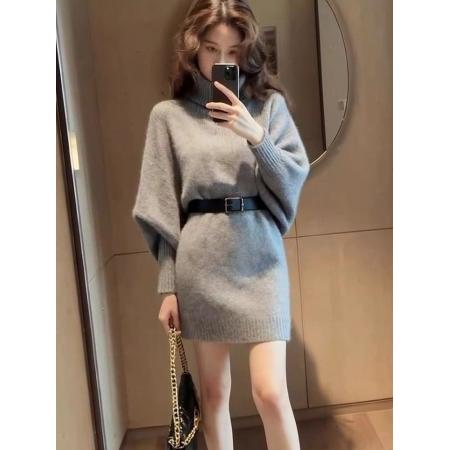 FA49227# 出席重要场合的裙子轻熟法式高级感气质收腰灰色高领毛衣连衣裙秋 服裝批發女裝批發服飾貨源