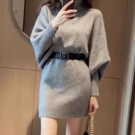 FA49227# 出席重要场合的裙子轻熟法式高级感气质收腰灰色高领毛衣连衣裙秋 服裝批發女裝批發服飾貨源