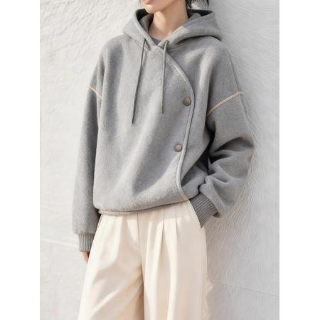 FA49228# 慵懒风灰色连帽不规则卫衣外套女新款秋冬设计感休闲百搭上衣 服裝批發女裝批發服飾貨源