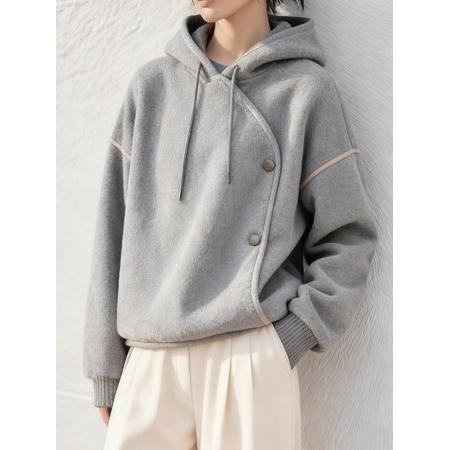 FA49228# 慵懒风灰色连帽不规则卫衣外套女新款秋冬设计感休闲百搭上衣 服裝批發女裝批發服飾貨源