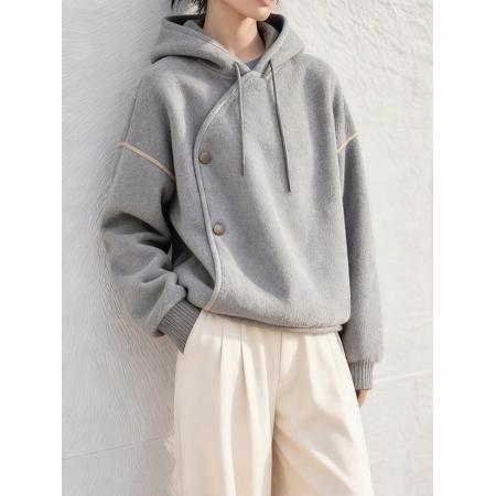 FA49228# 慵懒风灰色连帽不规则卫衣外套女新款秋冬设计感休闲百搭上衣 服裝批發女裝批發服飾貨源