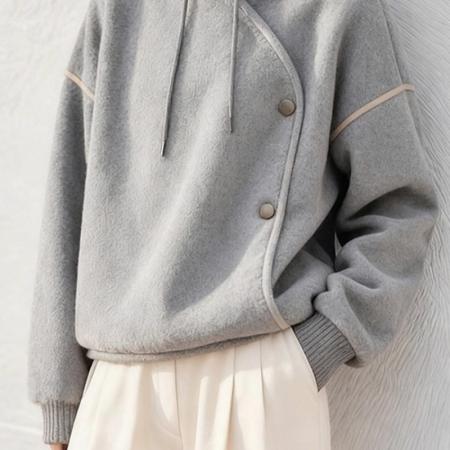 FA49228# 慵懒风灰色连帽不规则卫衣外套女新款秋冬设计感休闲百搭上衣 服裝批發女裝批發服飾貨源